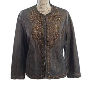 Chico’s GOLDEN TRINKET ROYALTY JACKET Size 1 Medium Indigo Denim Bronze Foil NEW